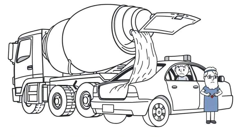Cartoonkleurplaat van een betonmixer die cement in de kofferbak van een politieauto stort, terwijl twee mannen verbaasd toekijken. Eén man in de auto, de ander staat ernaast met een rode kaart in zijn hand.
