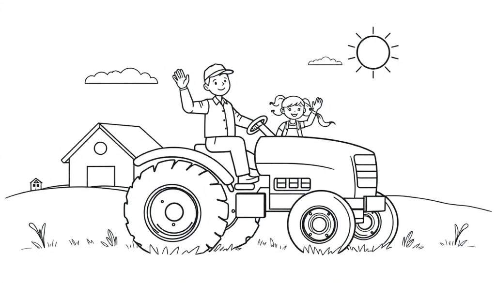 Kleurplaat van een man en een meisje die lachen en zwaaien vanaf een tractor, met een boerderij en huisje op de achtergrond onder een zonnige hemel.