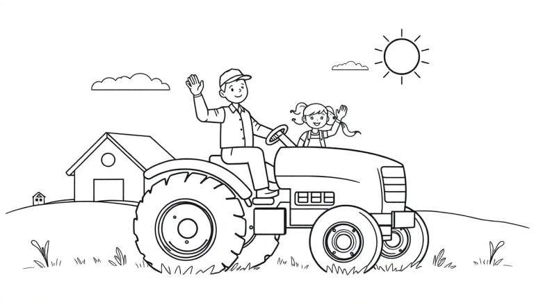 Kleurplaat van een man en een meisje die lachen en zwaaien vanaf een tractor, met een boerderij en huisje op de achtergrond onder een zonnige hemel.