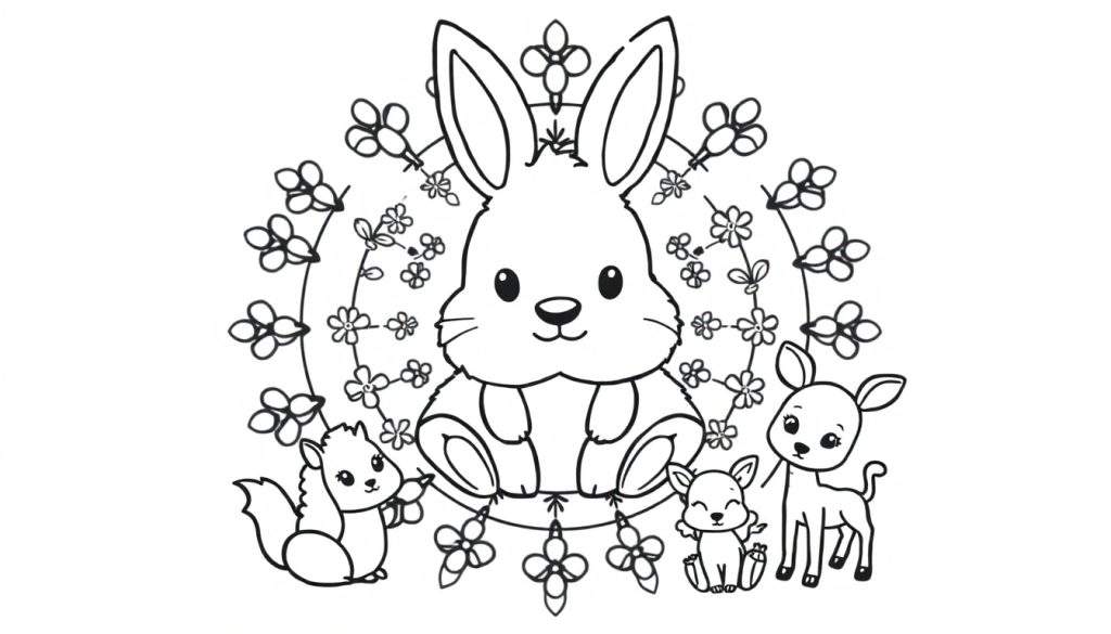 Kleurplaat met een centraal konijn, een eekhoorntje aan de linkerkant en twee hertjes (een staand, een slapend) aan de rechterkant, allemaal omringd door bloemen en takjes.