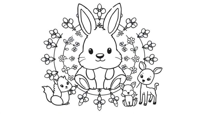 Kleurplaat met een centraal konijn, een eekhoorntje aan de linkerkant en twee hertjes (een staand, een slapend) aan de rechterkant, allemaal omringd door bloemen en takjes.