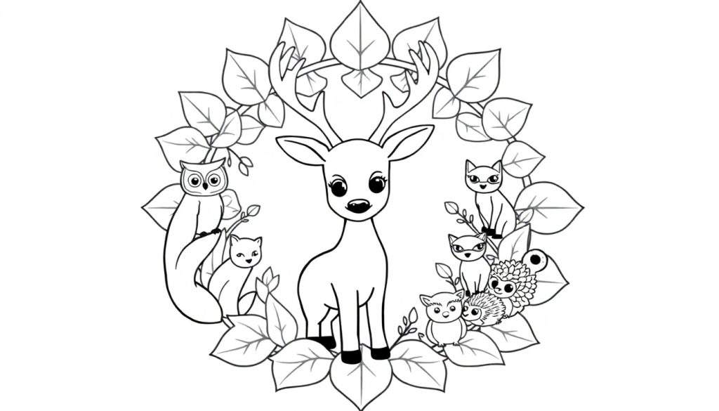 Kleurplaat van schattige bosdieren, waaronder een jong hert, uilen, een vosje, wasberen, egels en een klein uiltje, samengebracht in een krans van bladeren en takken.