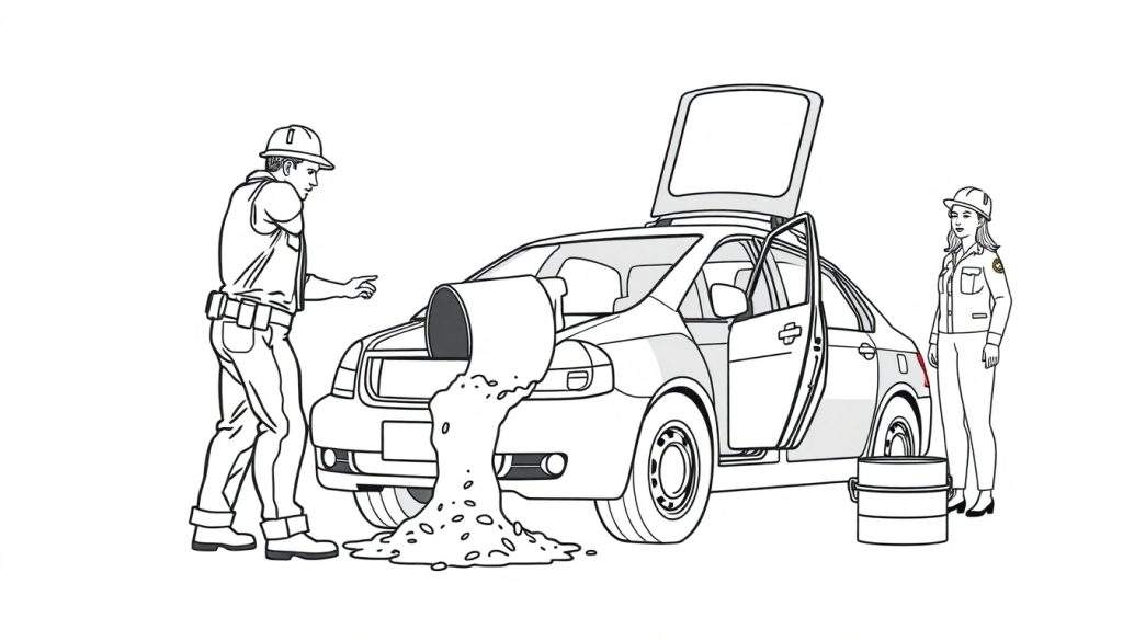 Illustratie van een kleurplaat met twee werknemers in veiligheidshelmen die een donkere, korrelige substantie in de open motorkap van een auto gieten. Een deel van de substantie is op de grond gemorst. Een vrouw staat rechts van de auto met een tweede emmer.