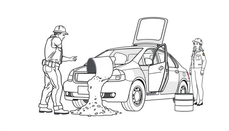 Illustratie van een kleurplaat met twee werknemers in veiligheidshelmen die een donkere, korrelige substantie in de open motorkap van een auto gieten. Een deel van de substantie is op de grond gemorst. Een vrouw staat rechts van de auto met een tweede emmer.