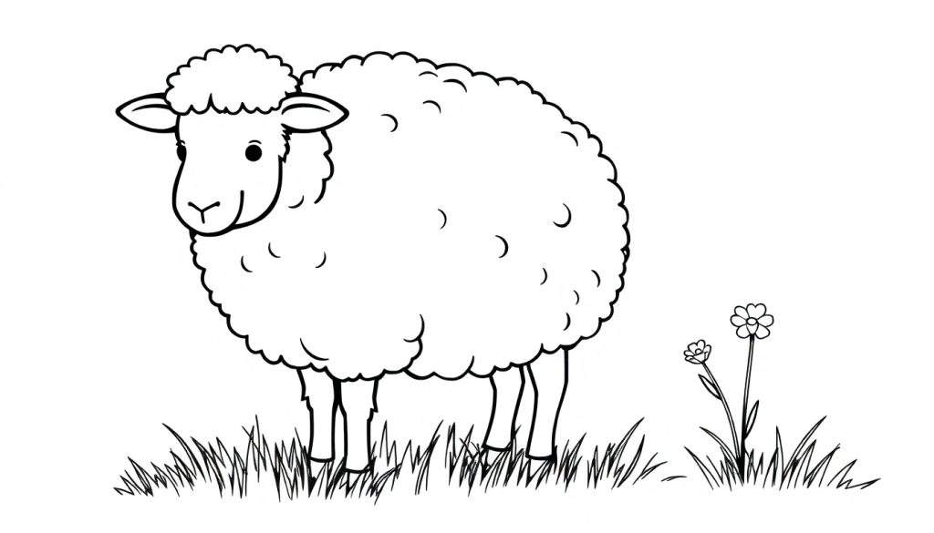 Zwart-wit cartoon lijntekening van een vriendelijk schaap met wollige vacht, staand in het gras met twee bloemen.