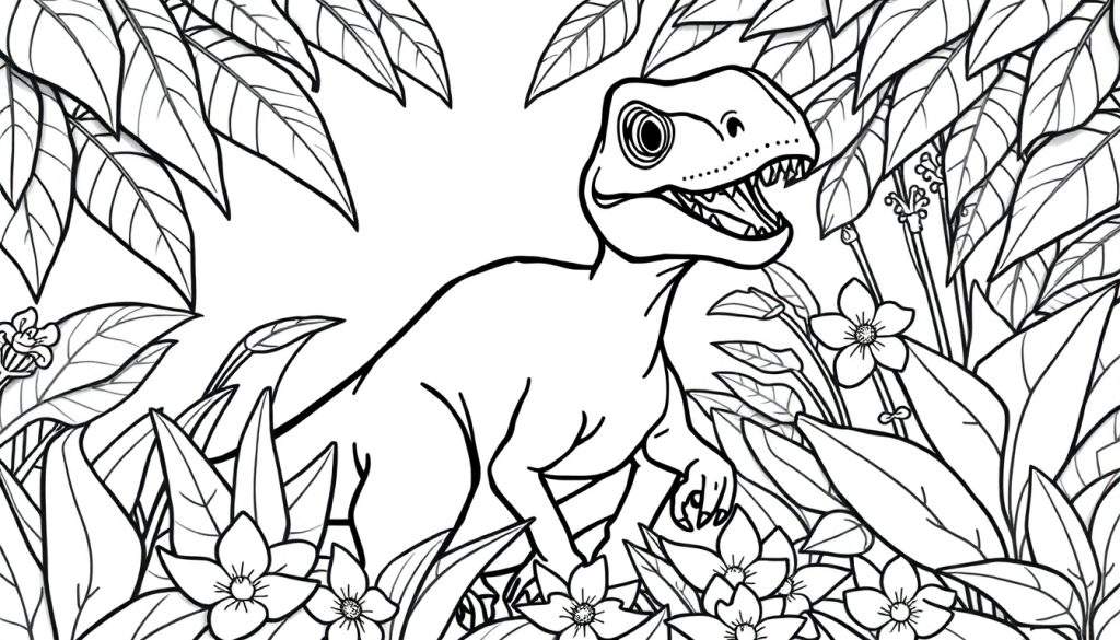 Een zwart-witte kleurplaat van een roofdierachtige dinosaurus met open bek, staand te midden van grote bladeren en bloemen.