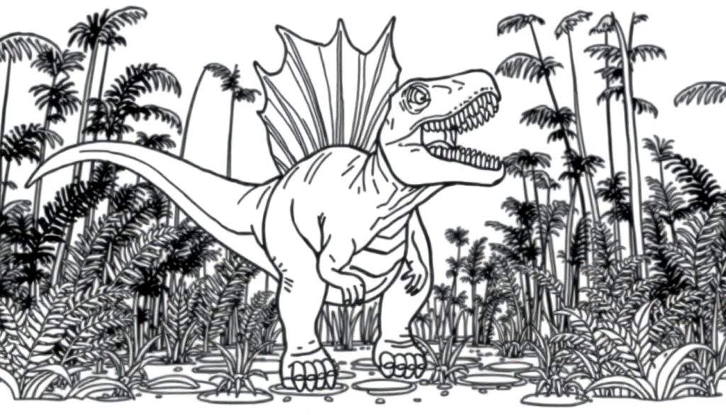 Kleurplaat van een grote, brullende dinosaurus met een zeil op zijn rug, staand in een prehistorische jungle met veel planten en water.