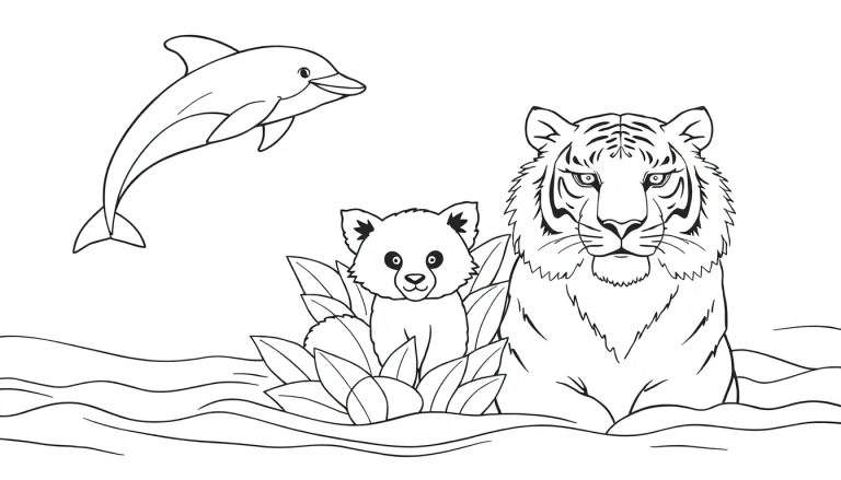 Zwart-wit kleurplaat met een springende dolfijn, een rode panda tussen bladeren en een tijger in het water.