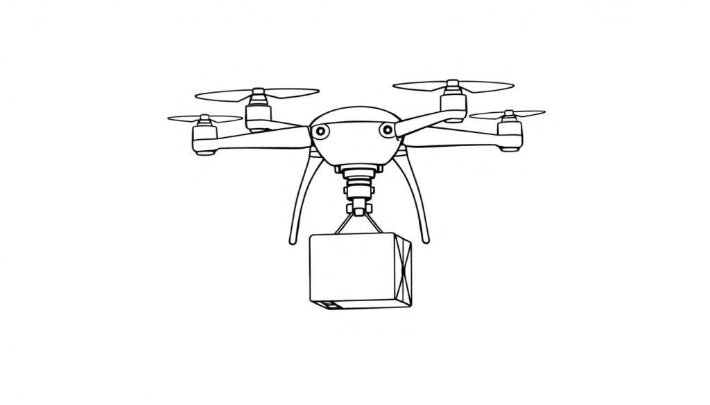 Lijntekening van een quadcopter drone die een pakket vervoert, met camera's aan de voorkant en zichtbaar landingsgestel. Zwart-wit, op witte achtergrond.