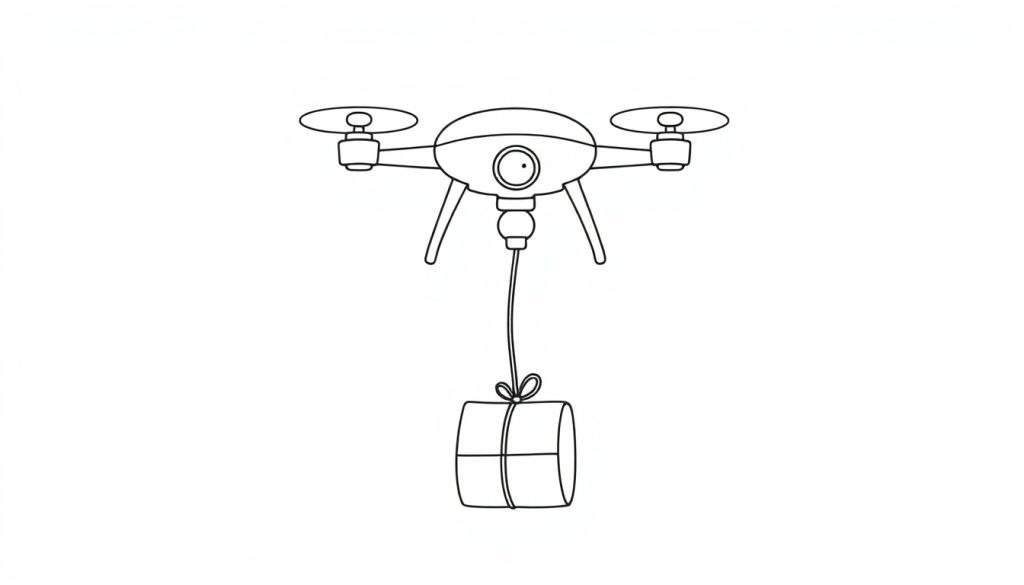 Kleurplaat van een drone met propellers, camera en landingsgestel, die een cadeautje bezorgt.