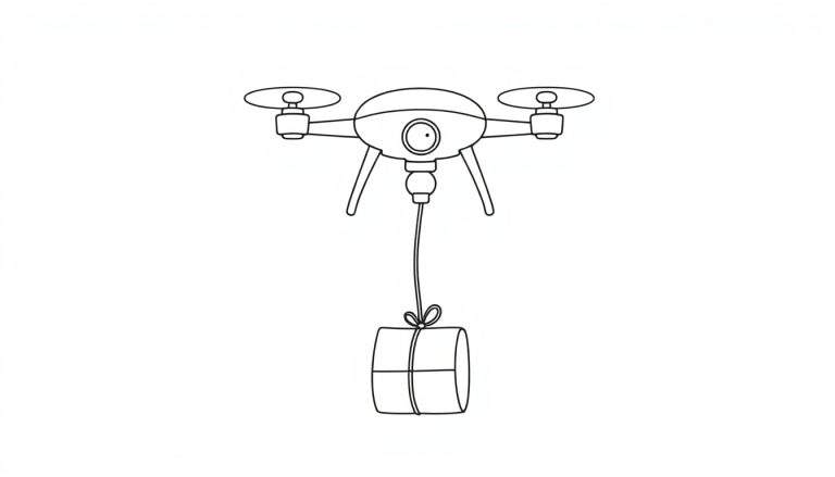 Kleurplaat van een drone met propellers, camera en landingsgestel, die een cadeautje bezorgt.