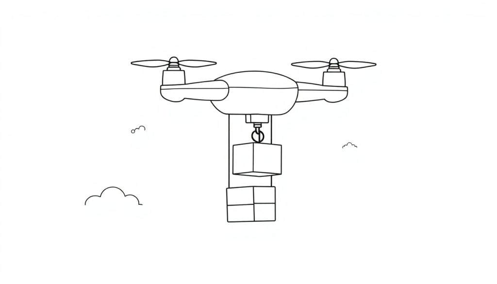 Lijntekening van een drone in de lucht met twee pakketjes eraan, omringd door enkele wolken.