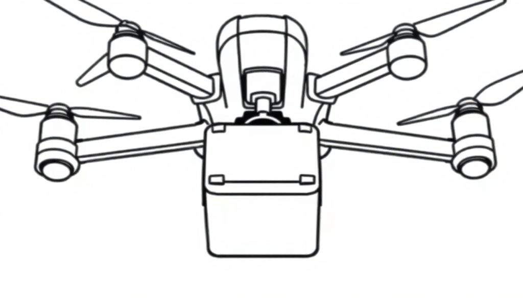 Zwart-witte lijntekening van een vliegende drone, gezien vanaf de voorkant en onderaf. De drone heeft vier armen met propellers en een object aan de onderzijde.