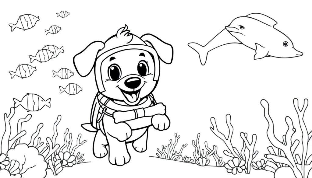 Kleurplaat van een lachende hond in een duikerspak met een bot, omringd door vissen, een dolfijn, zeewier en koraal.