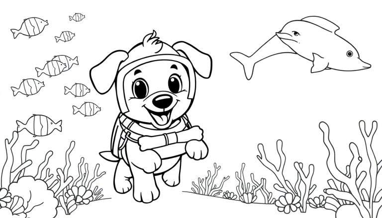 Kleurplaat van een lachende hond in een duikerspak met een bot, omringd door vissen, een dolfijn, zeewier en koraal.