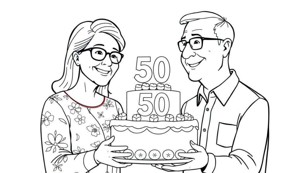 Zwart-wit kleurplaat van een lachende vrouw met bril en golvend haar en een lachende man met bril en kort haar, die samen een tweelagige taart met '50' erop vasthouden.