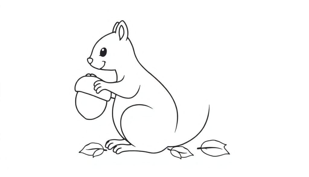 Een zwart-wit lijntekening van een lachende eekhoorn die een eikel vasthoudt met zijn pootjes, met blaadjes op de grond.