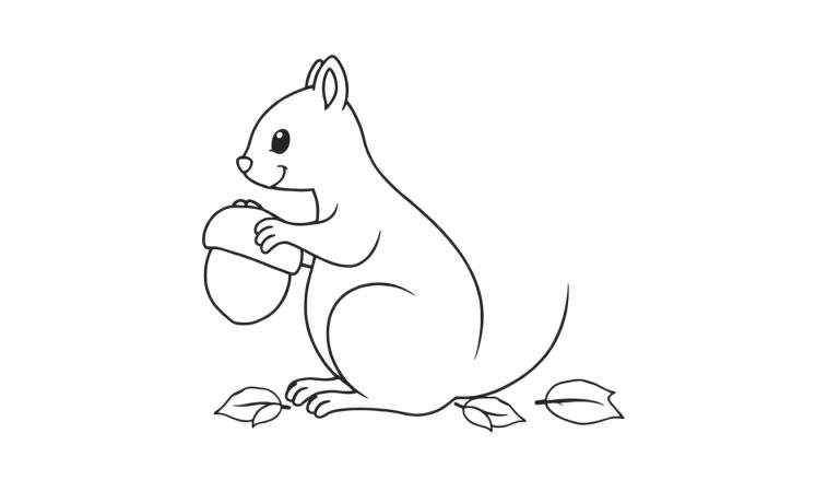 Een zwart-wit lijntekening van een lachende eekhoorn die een eikel vasthoudt met zijn pootjes, met blaadjes op de grond.