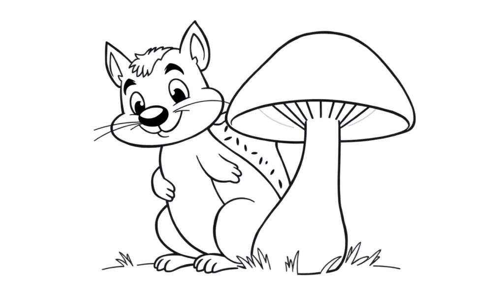 Kleurplaat van een lachende eekhoorn zittend naast een grote paddenstoel met zichtbare lamellen. De figuren staan op een ondergrond met gras, tegen een witte achtergrond.