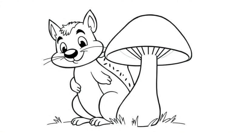 Kleurplaat van een lachende eekhoorn zittend naast een grote paddenstoel met zichtbare lamellen. De figuren staan op een ondergrond met gras, tegen een witte achtergrond.