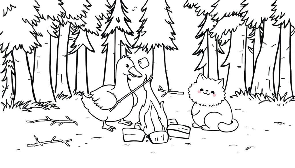 Kleurplaat van een eend die een marshmallow roostert boven een kampvuur, naast een lachende kat, in een bosrijke omgeving met hoge dennenbomen.