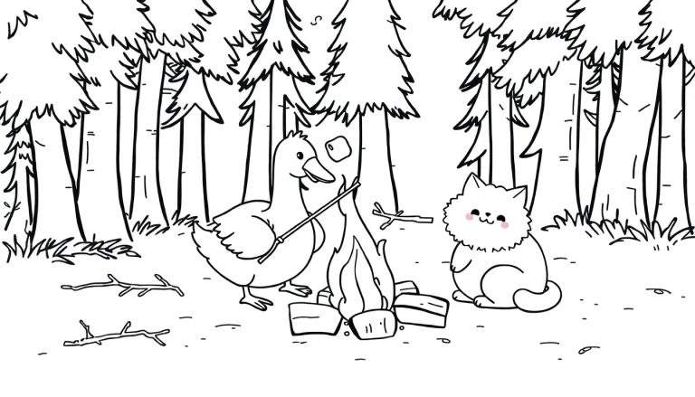 Kleurplaat van een eend die een marshmallow roostert boven een kampvuur, naast een lachende kat, in een bosrijke omgeving met hoge dennenbomen.