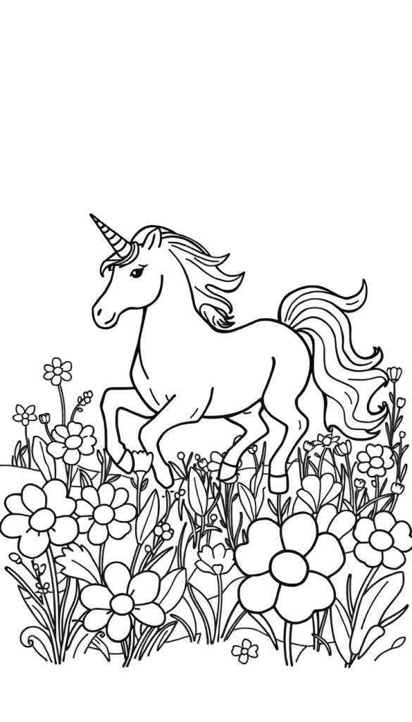 Kleurplaat van een rennende eenhoorn met wapperende manen en staart, omringd door diverse bloemen, grassprieten en bladeren.