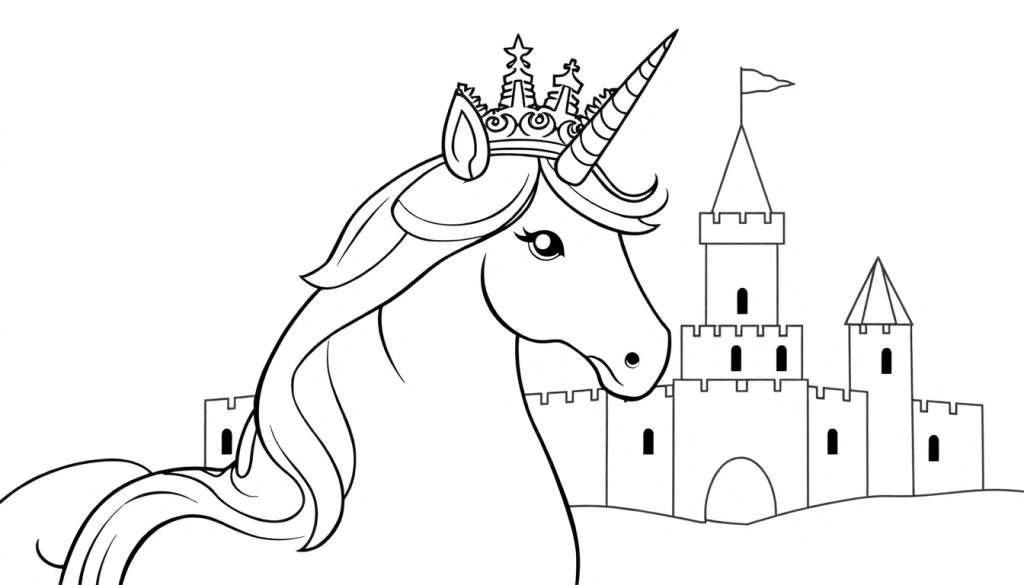 Een gedetailleerde kleurplaat van een eenhoorn met kroon voor een sprookjeskasteel.
