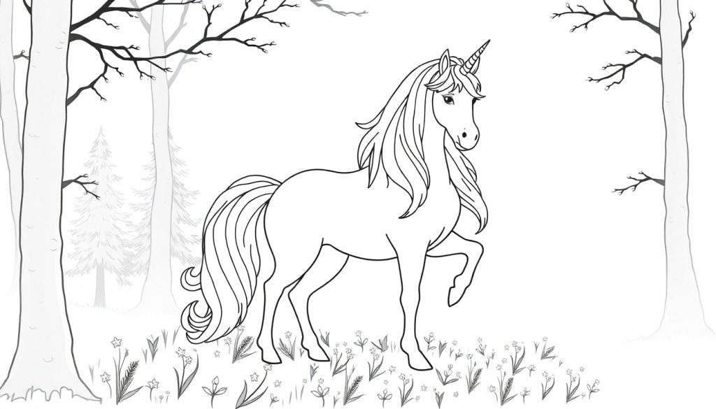 Kleurplaat van een sierlijke eenhoorn met golvende manen en een hoorn, staand in een bos met bloemen en bomen.