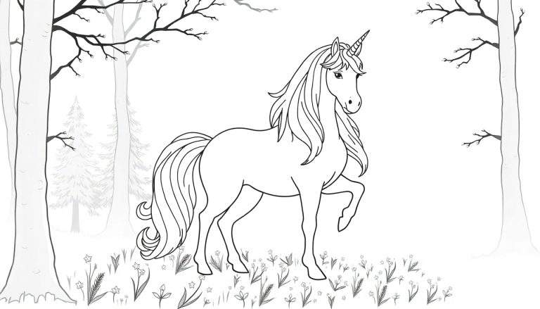 Kleurplaat van een sierlijke eenhoorn met golvende manen en een hoorn, staand in een bos met bloemen en bomen.