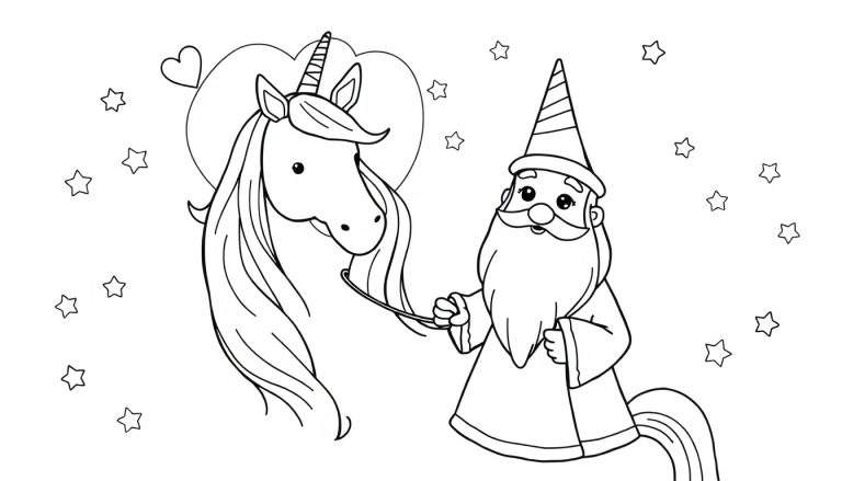 Kleurplaat van een eenhoorn met een hart op de achtergrond en een tovenaar met een puntmuts die een touwtje vasthoudt, omringd door sterretjes.