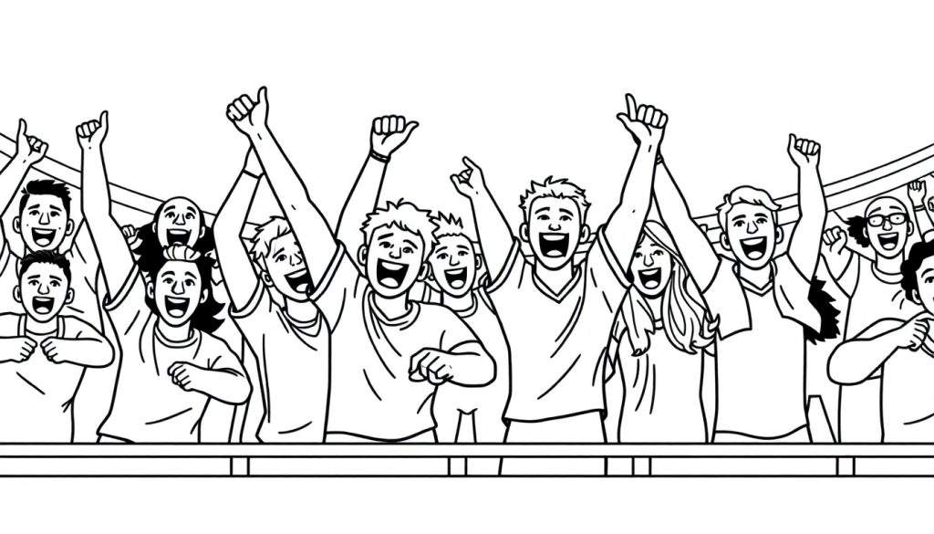 Kleurplaat van een groep van ongeveer tien lachende en juichende mensen met hun armen in de lucht, staand achter een reling.