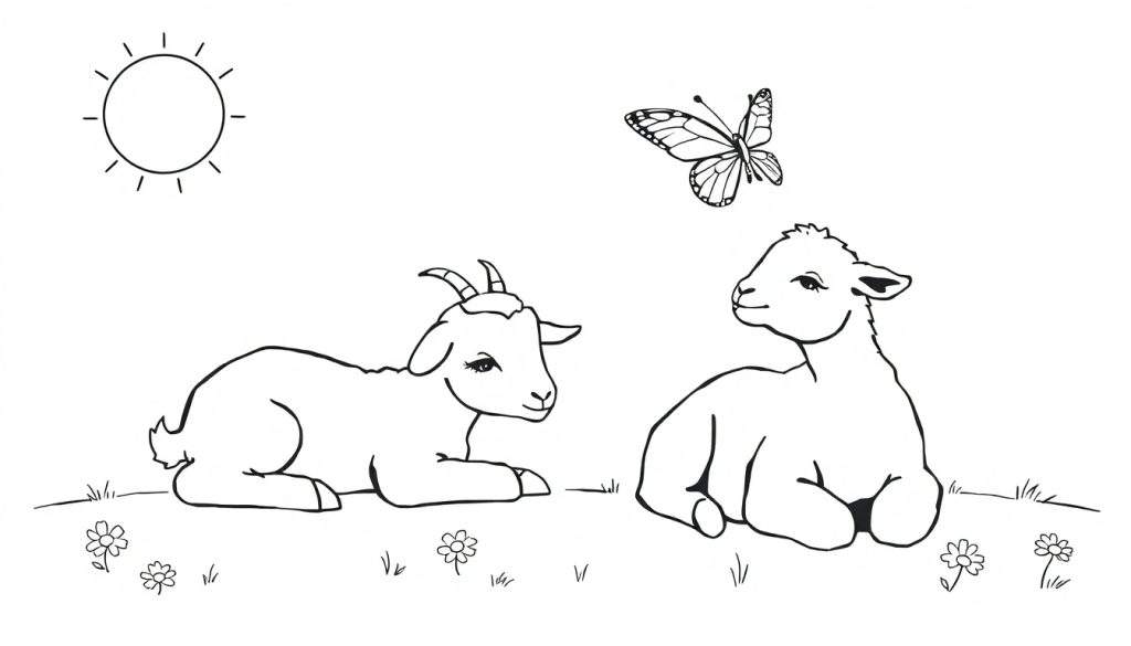 Kleurplaat met een zonnetje, vlinder, een liggend geitje en een liggend lammetje in het gras met bloemetjes.