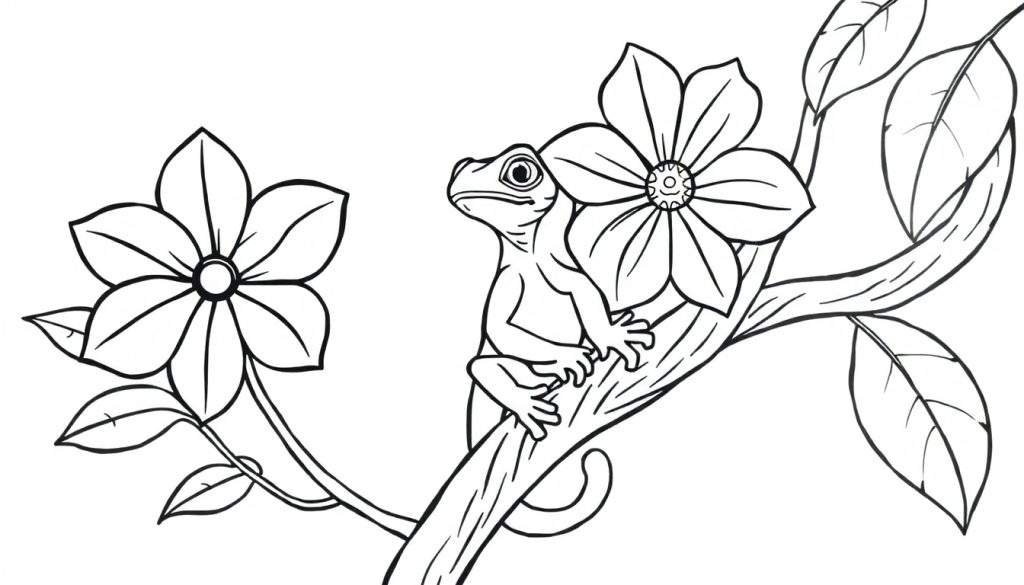 Zwart-wit lijntekening kleurplaat van een kleine gekko op een boomtak die omhoog kijkt naar een grote bloem. Nog een bloem aan de linkerkant, omringd door takken en bladeren op een witte achtergrond.