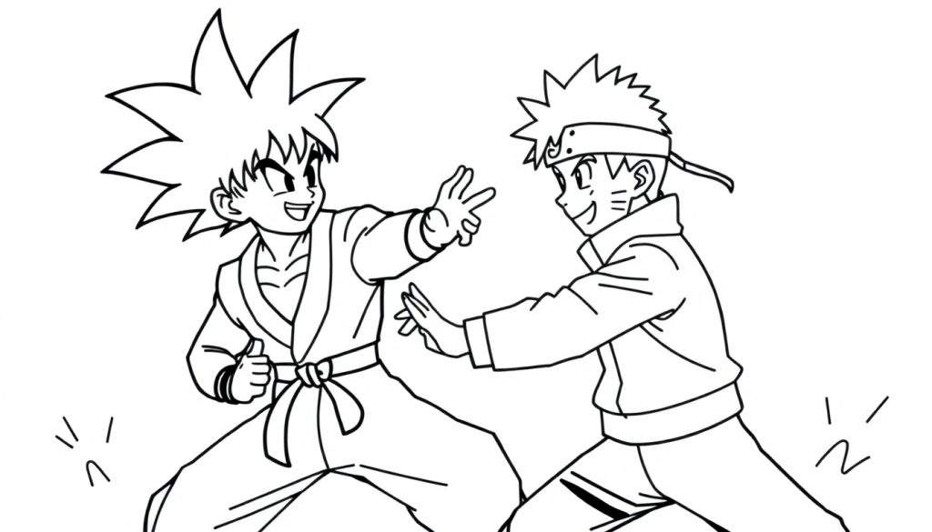 Kleurplaat van jonge Goku en Naruto Uzumaki die speels tegenover elkaar staan, met hun kenmerkende gebaren.