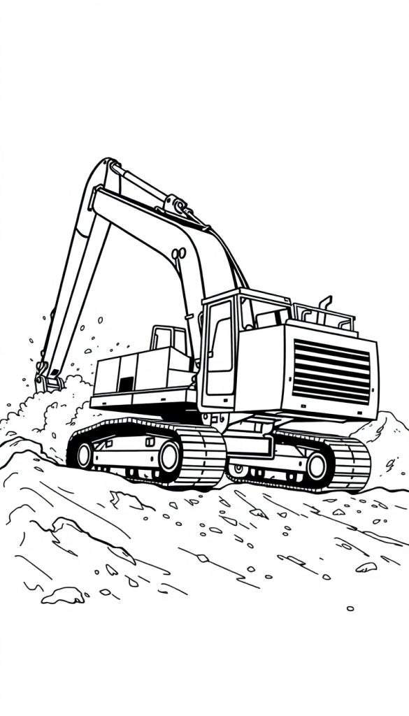 Kleurplaat van een grote graafmachine op rupsbanden die aan het graven is in een hoop aarde, met spatten van aarde rond de schepbak.