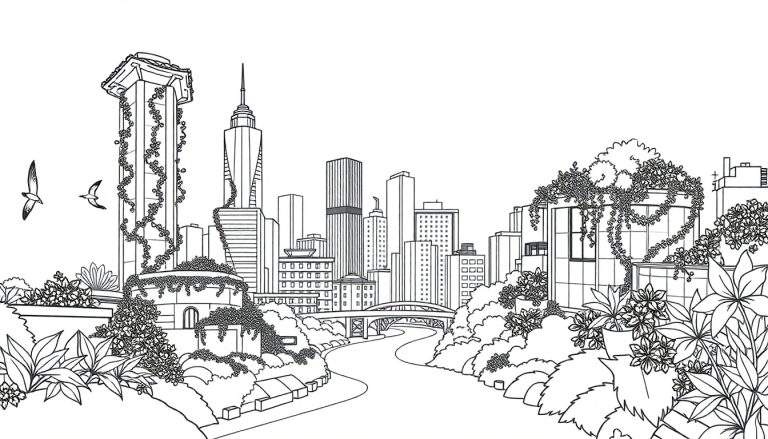 Kleurplaat van een moderne stad met veel groen, wolkenkrabbers, gebouwen begroeid met planten, een rivier met brug en vliegende vogels.