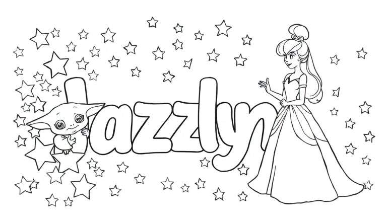 Zwart-wit kleurplaat van Grogu, prinses en de naam Jazzlyn omringd door sterren.