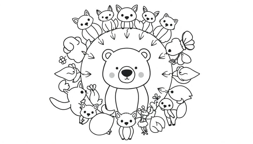 Kleurplaat van een grote, lieve beer omringd door kleine bosdieren en natuurlijke elementen, met pijltjes naar de beer.