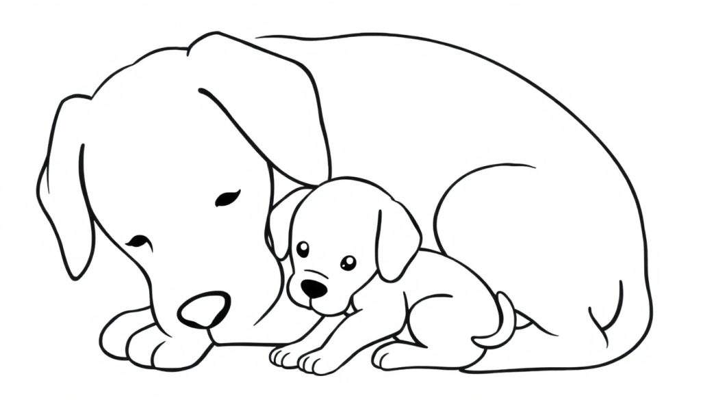 Kleurplaat van een grote, slapende hond met gesloten ogen en een kleine puppy die met open ogen naast hem zit.