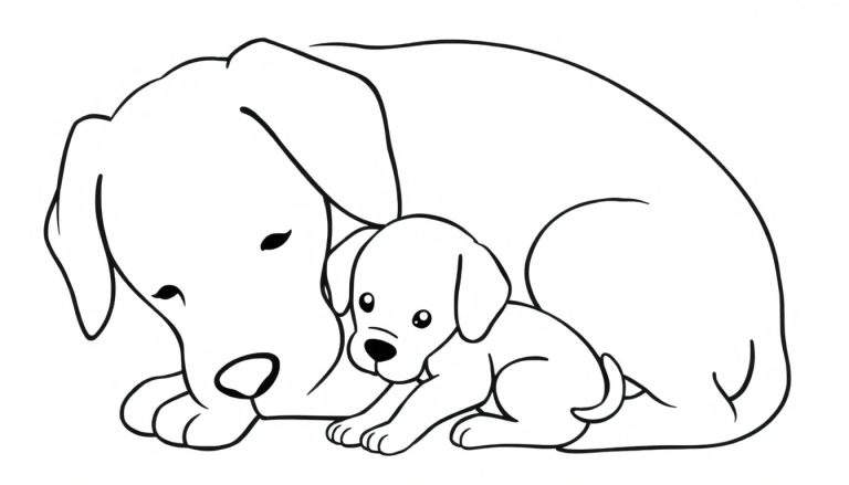 Kleurplaat van een grote, slapende hond met gesloten ogen en een kleine puppy die met open ogen naast hem zit.