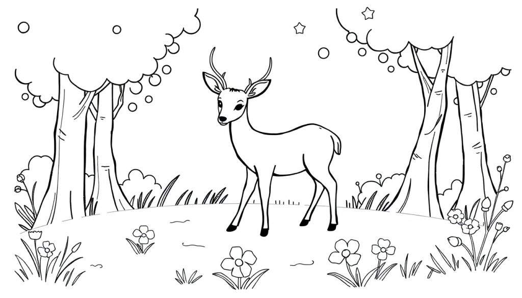 Zwart-wit lijntekening van een lief hert met gewei staand in een bos met bomen, bloemen en gras. Bovenin de lucht zijn cirkels en een ster te zien.