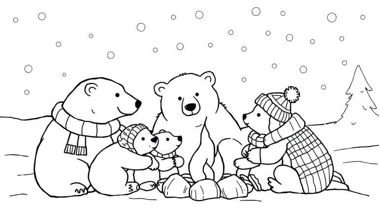 Kleurplaat van vijf ijsberen (twee ouders en drie welpjes) die rond een kampvuur zitten in de sneeuw. Een kerstboom staat op de achtergrond.