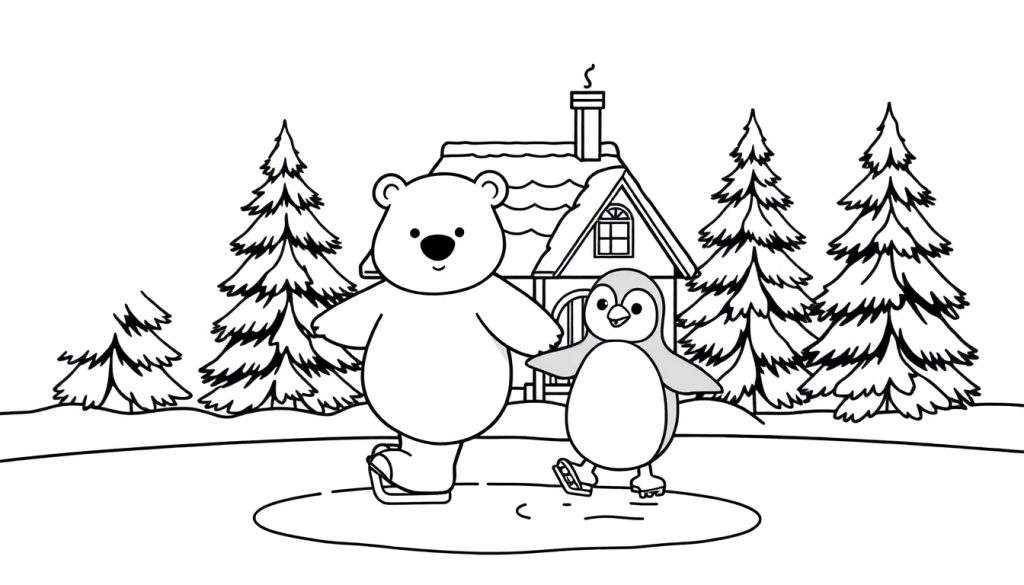 Kleurplaat van een ijsbeer en pinguïn die samen schaatsen, met een besneeuwd huisje en dennenbomen op de achtergrond.