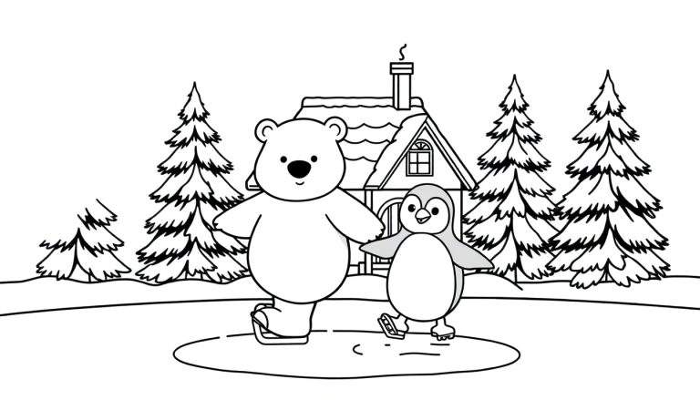 Kleurplaat van een ijsbeer en pinguïn die samen schaatsen, met een besneeuwd huisje en dennenbomen op de achtergrond.
