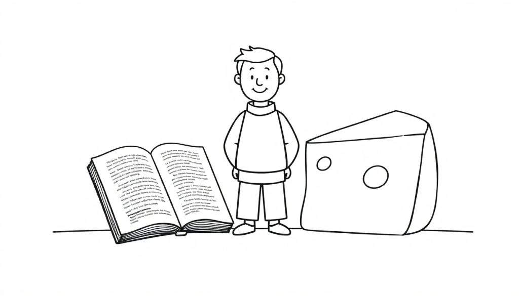 Kleurplaat van een lachende jongen, een opengeslagen boek en een punt kaas met gaten.