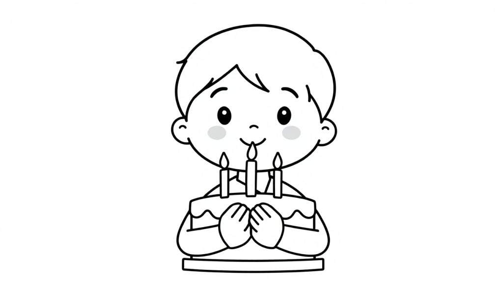 Zwart-witte kleurplaat van een vrolijke jongen die een verjaardagstaart met drie kaarsen vasthoudt.