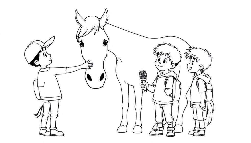 Kleurplaat van drie jongens die vriendelijk omgaan met een paard. Eén jongen aait het paard, één doet alsof hij een interview houdt met een microfoon, en de ander kijkt lachend toe.