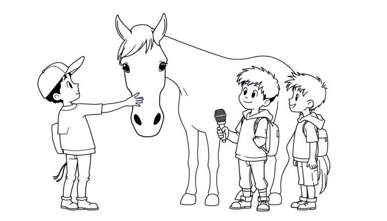Kleurplaat van drie jongens die vriendelijk omgaan met een paard. Eén jongen aait het paard, één doet alsof hij een interview houdt met een microfoon, en de ander kijkt lachend toe.