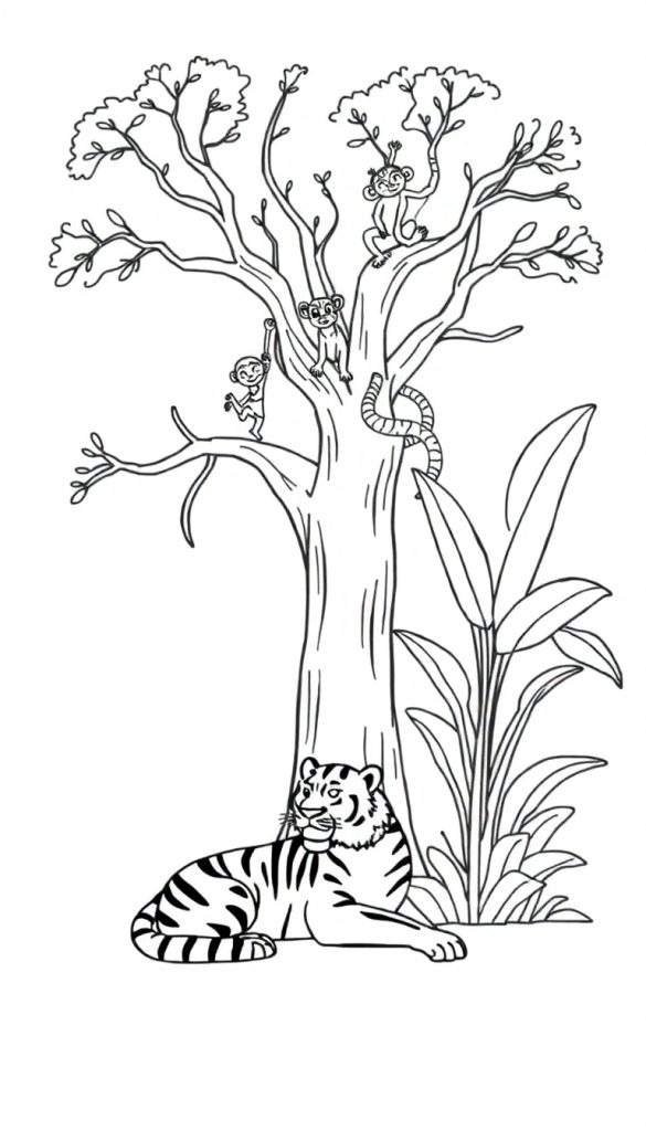 Zwart-wit kleurplaat van een jungle landschap met een grote boom, drie aapjes, een tijger, en tropische planten.